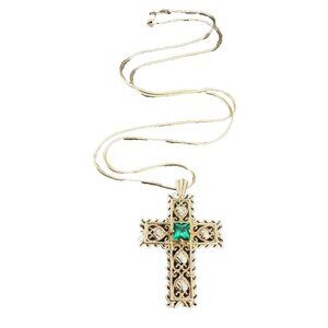 COLEMAN CCO Lacy 10K 3 GOLD CROSS PENDANT Green Stone + 14K Gold 17" CHAIN Vtg